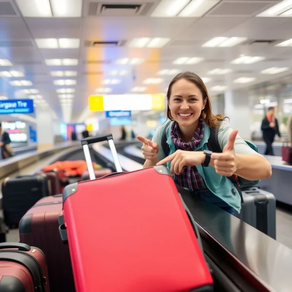 Um viajante entregando sua checked luggage no balcão de um aeroporto