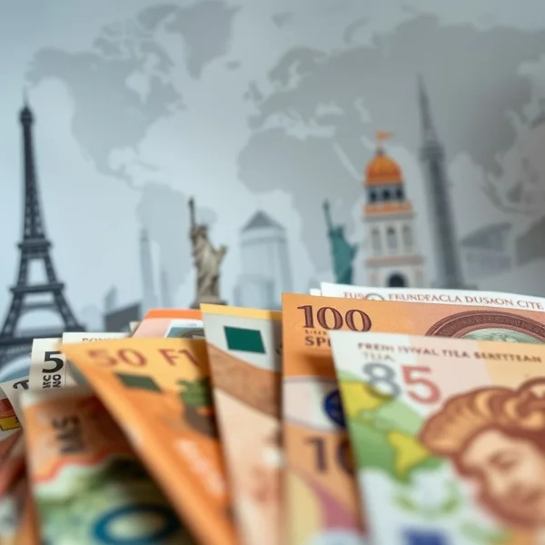 Uma ilustração mostrando várias moedas e notas internacionais, representando o conceito de local currency para viagens.