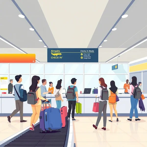 Uma ilustração do check-in at ao aeroporto.