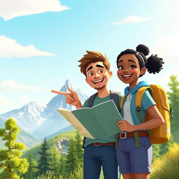 Due amici che guardano una mappa, illustrando il concetto di a travel companion