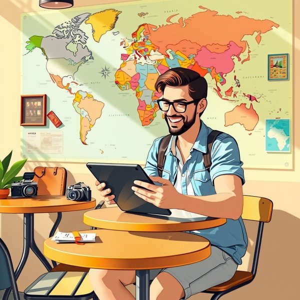 Imagen de una persona planificando un viaje con un cuaderno titulado "a travel budget"