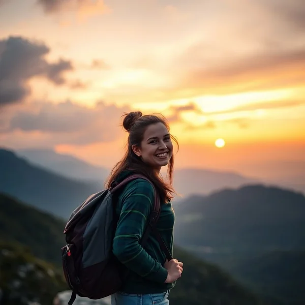 Image d'une personne profitant d'un a solo trip, regardant une carte avec un paysage en arrière-plan.