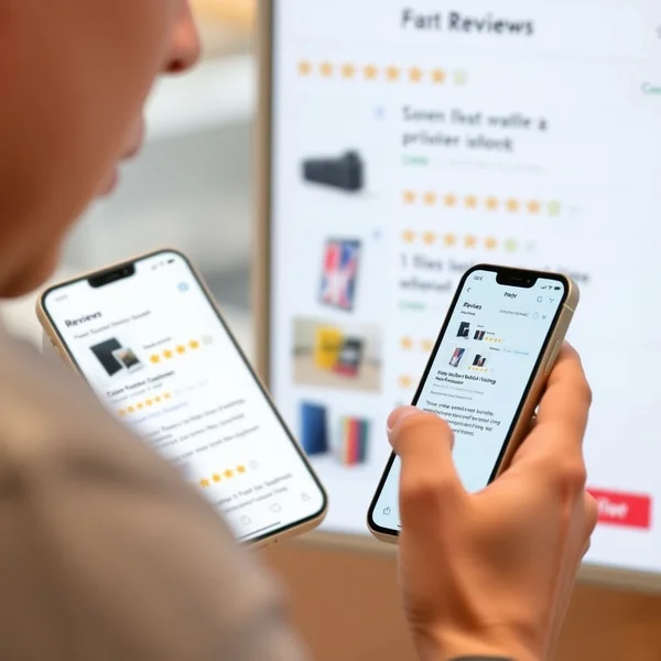 Une personne lisant des online reviews sur un smartphone avant de faire un achat