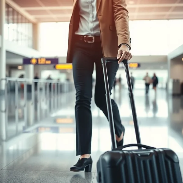 Une personne avec un ordinateur portable et une valise dans un salon d'aéroport, en a business trip.