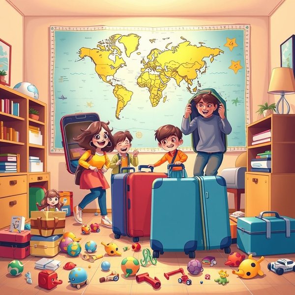 Planning a family vacation with a map and toys