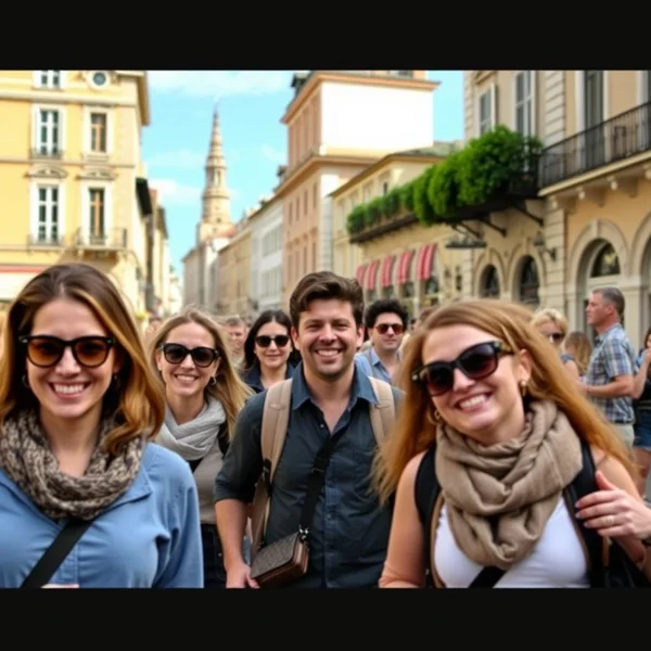 Un groupe de touristes heureux en voyage organisé explorant une ville