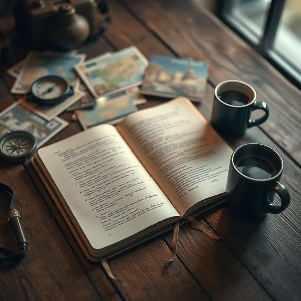 Une personne écrivant dans un travel diary avec une vue sur une chaîne de montagnes