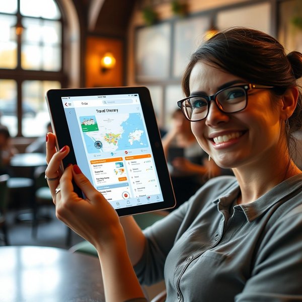 A person looking at a travel itinerary on a tablet