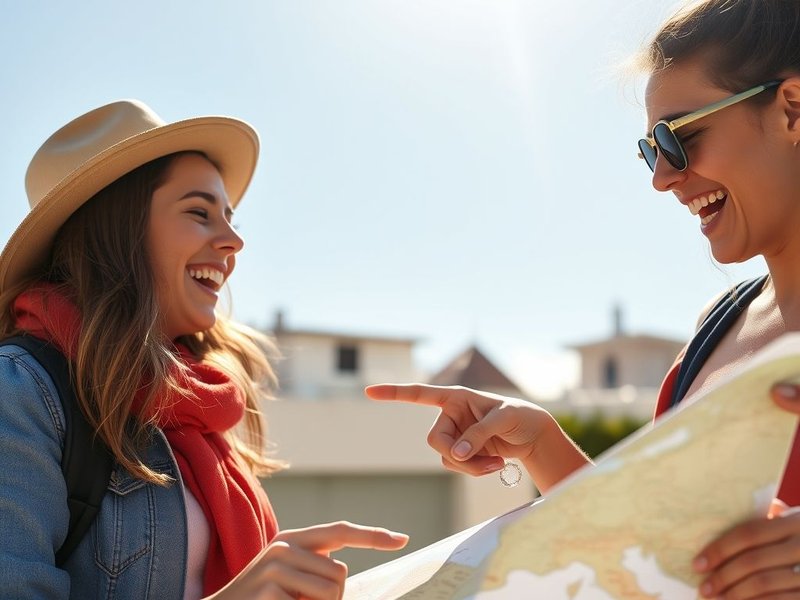 Zwei Freunde schauen auf eine Karte, was das Konzept eines "a travel companion" veranschaulicht