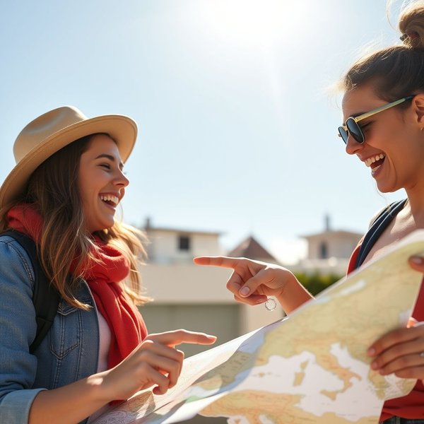 Zwei Freunde schauen auf eine Karte, was das Konzept eines "a travel companion" veranschaulicht