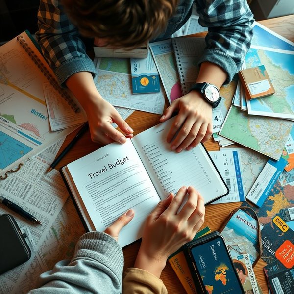 Hình ảnh một người đang lập kế hoạch chuyến đi với sổ tay có ghi "a travel budget"
