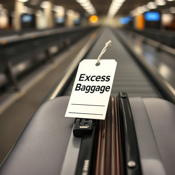An illustration showing a scale with luggage and a price tag, representing an excess baggage fee