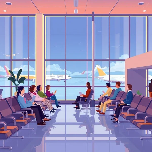 An image showing travelers waiting in the departure lounge
