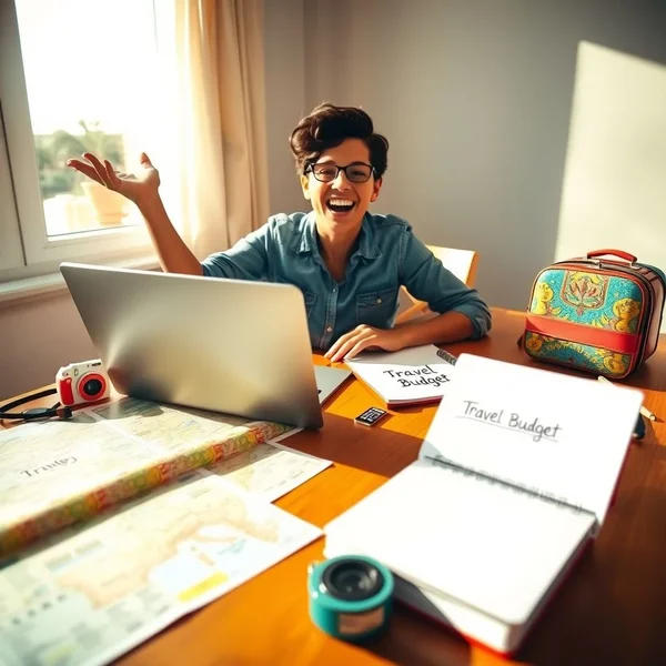 Bir kişinin "a travel budget" etiketli bir not defteri ile seyahat planladığını gösteren resim