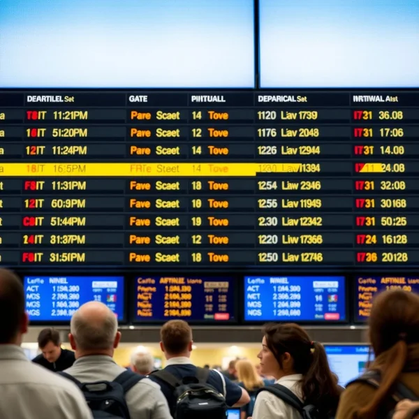 An airport departure board showing the gate number for various flights