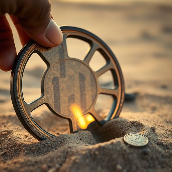 砂浜で金属探知機を使っている人の画像