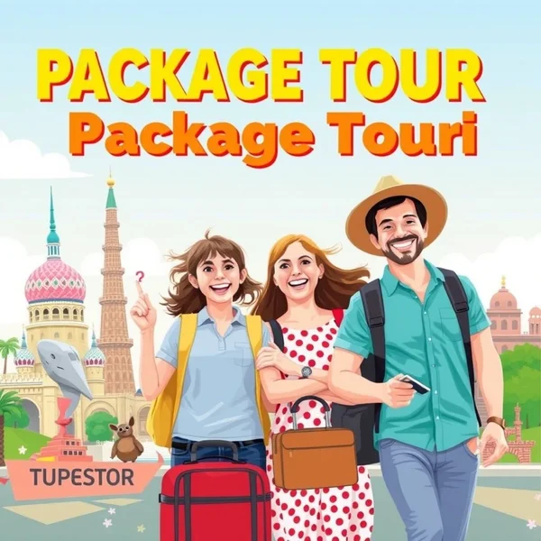 A happy tour group on a package tour exploring a city