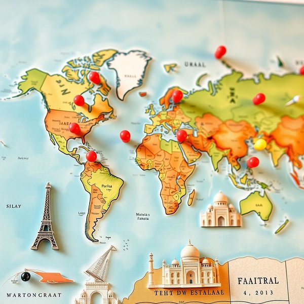 世界地図にピンが差されたさまざまな場所を示し、a travel destinationの概念を表現