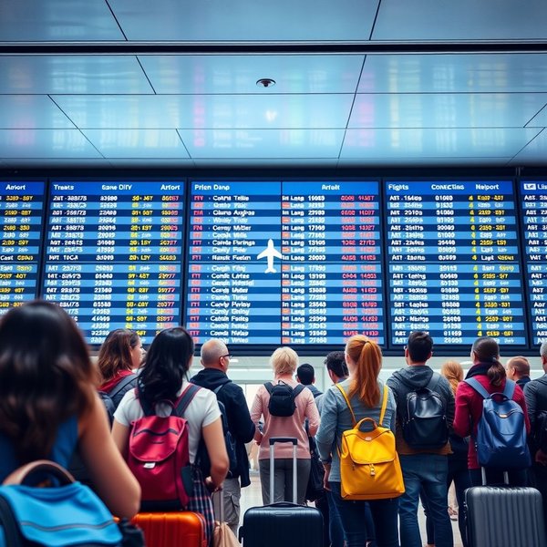 Seorang papan keberangkatan bandara yang menunjukkan connecting flight