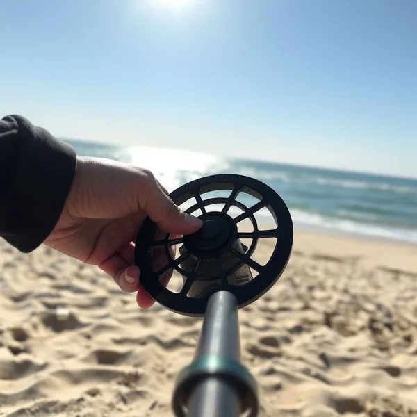Gambar seseorang yang menggunakan a metal detector di pantai berpasir.