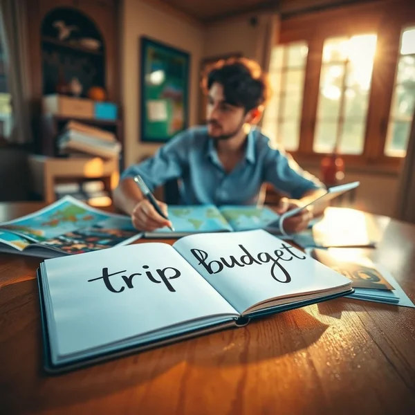 Gambar seseorang merencanakan perjalanan dengan buku catatan bertuliskan "a travel budget"