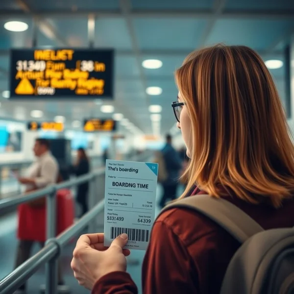 Seorang penumpang melihat boarding pass mereka untuk menemukan the boarding time