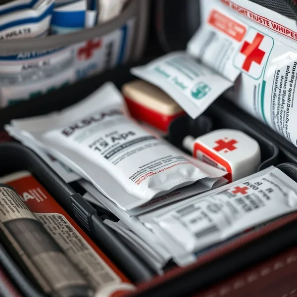 Seorang yang mengatur a first-aid kit agar siap untuk keadaan darurat