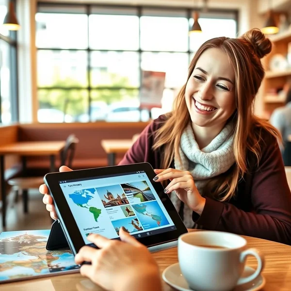 Seorang sedang melihat a travel itinerary di tablet