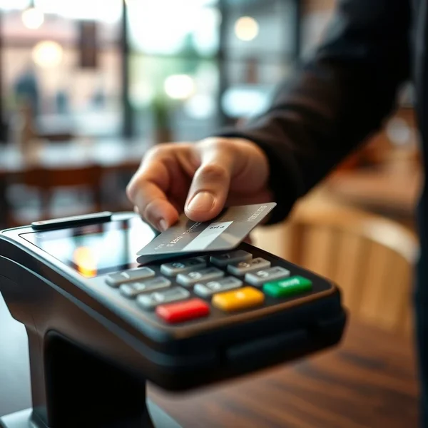 Человек использует a debit card у платёжного терминала