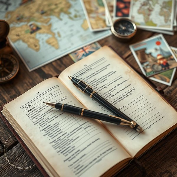 Человек пишет в a travel diary, глядя на горный хребет