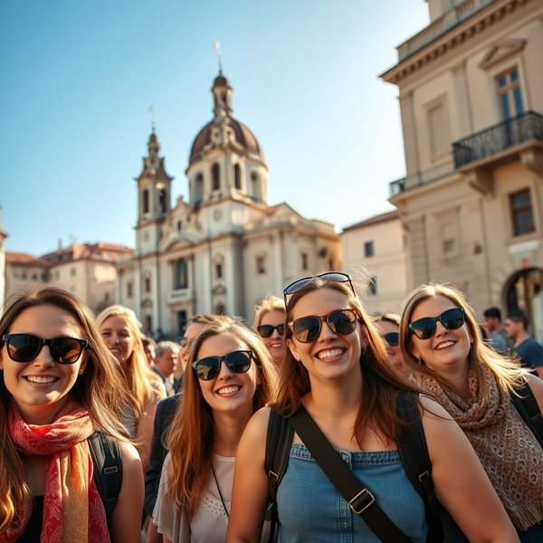 Счастливая туристическая группа в a package tour, исследующая город