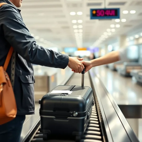 Путешественник передаёт свою checked luggage у стойки аэропорта