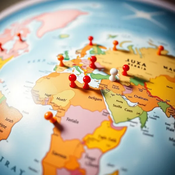 แผนที่โลกที่มีเข็มหมุดหมายเหตุสถานที่ต่างๆ แสดงแนวคิดของ a travel destination