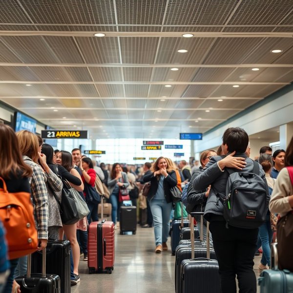 An illustration of the arrival hall at an airport