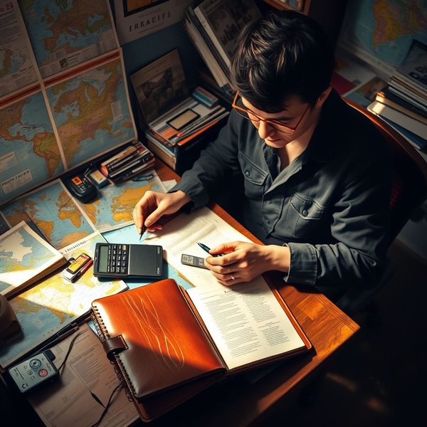 Image of a person planning a trip with a notebook labeled "a travel budget"