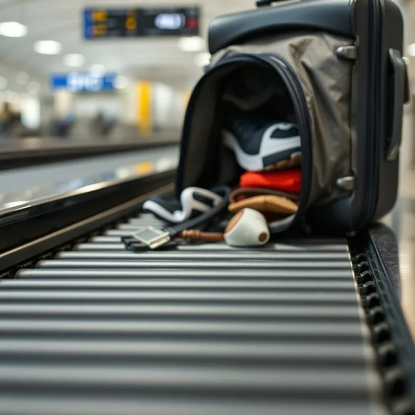 Ein Reisender übergibt sein checked luggage am Flughafenschalter