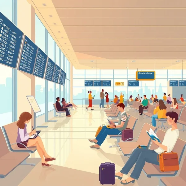 Ein Bild, das Reisende zeigt, die in der departure lounge warten