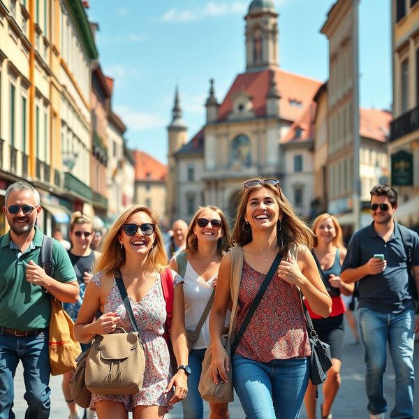 Eine glückliche Tourgruppe bei einer package tour, die eine Stadt erkundet