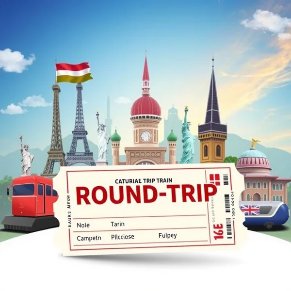 A graphic showing a round-trip ticket for travel.