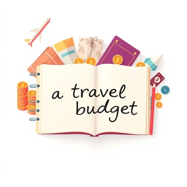 Bild einer Person, die eine Reise mit einem Notizbuch plant, auf dem "a travel budget" steht