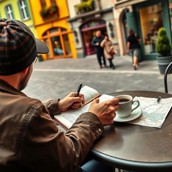 شخص يكتب في a travel diary يطل على سلسلة جبال