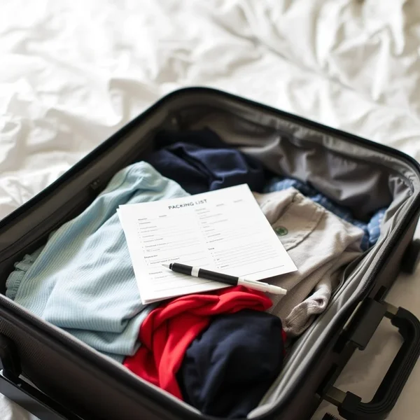 صورة تظهر حقيبة سفر بجانب a packing list
