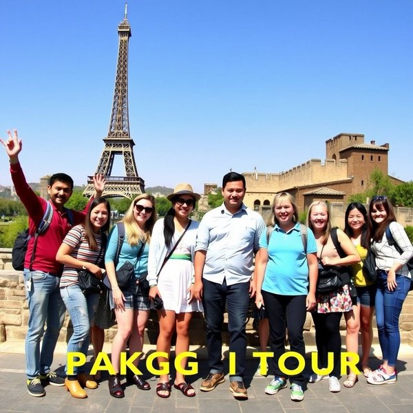 กลุ่มนักท่องเที่ยวที่มีความสุขใน a package tour สำรวจเมือง