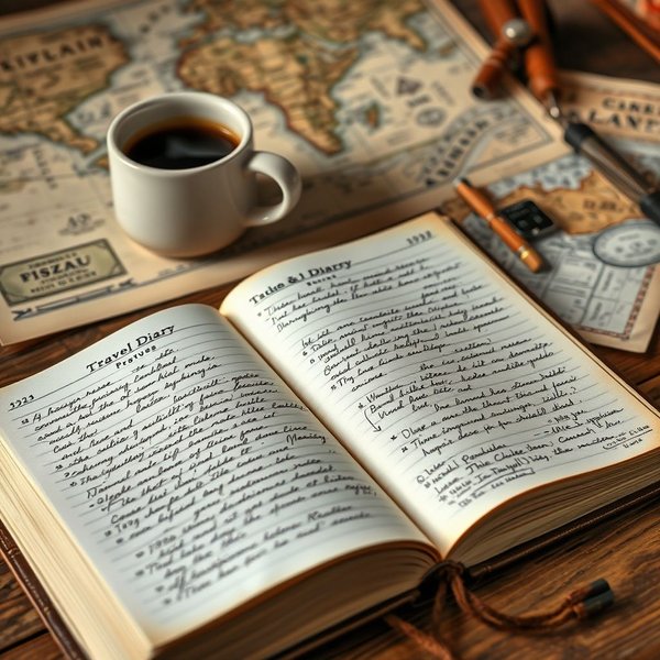 A person writing in a travel diary overlooking a mountain range