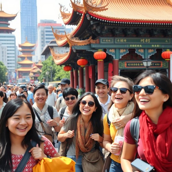 一组快乐的旅行团在参加package tour探索城市