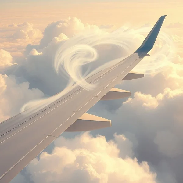 Een vliegtuigvleugel met wolken, die het concept air turbulence illustreert