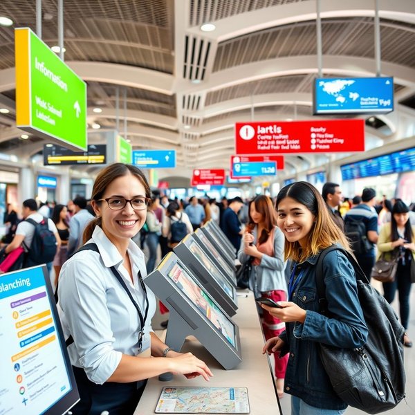 Een illustratie van the information desk op een luchthaven.