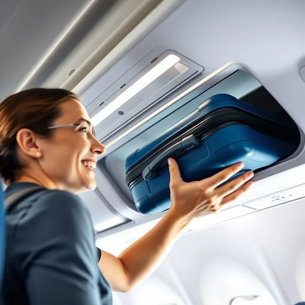 Een persoon die bagage in the overhead compartment op een vliegtuig plaatst