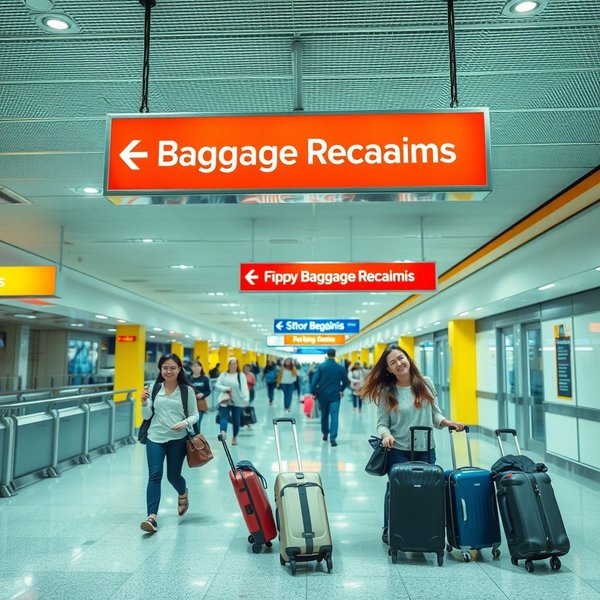 Een luchthavenbord dat wijst naar de baggage claim area