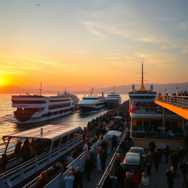 Uma imagem de um terminal de balsas com barcos atracados.